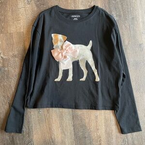 J. Crew Girls Black Long-Sleeve Tee, Dog Graphic and Pink Bow Accent Sz L, NWT